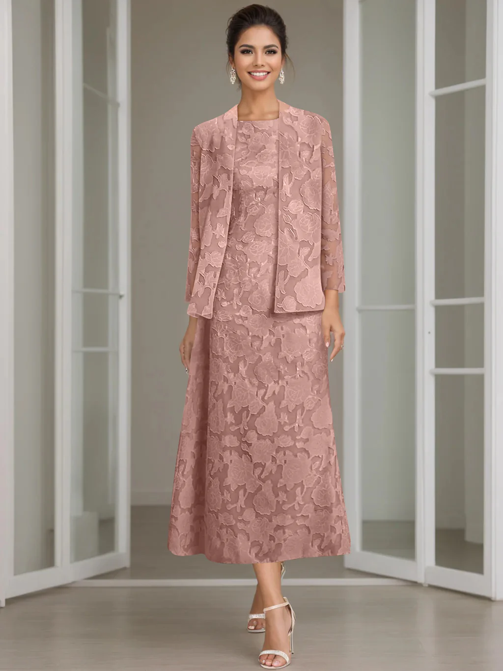 Sheath/Column Jewel Neck Tea-Length Rose Lace Applique Mother of the Bride Dresses with Jacket