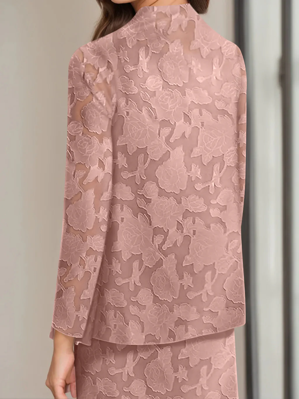 Sheath/Column Jewel Neck Tea-Length Rose Lace Applique Mother of the Bride Dresses with Jacket - Image 2