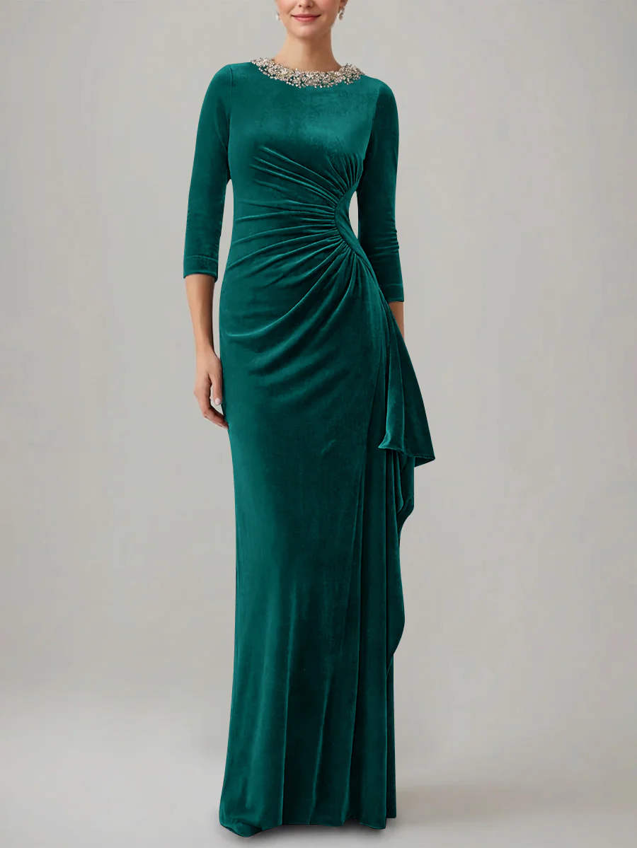 Sheath/Column Jewel Neck Velvet Mother of the Bride Dresses 3/4 Sleeves Floor-Length Ruched - Image 20
