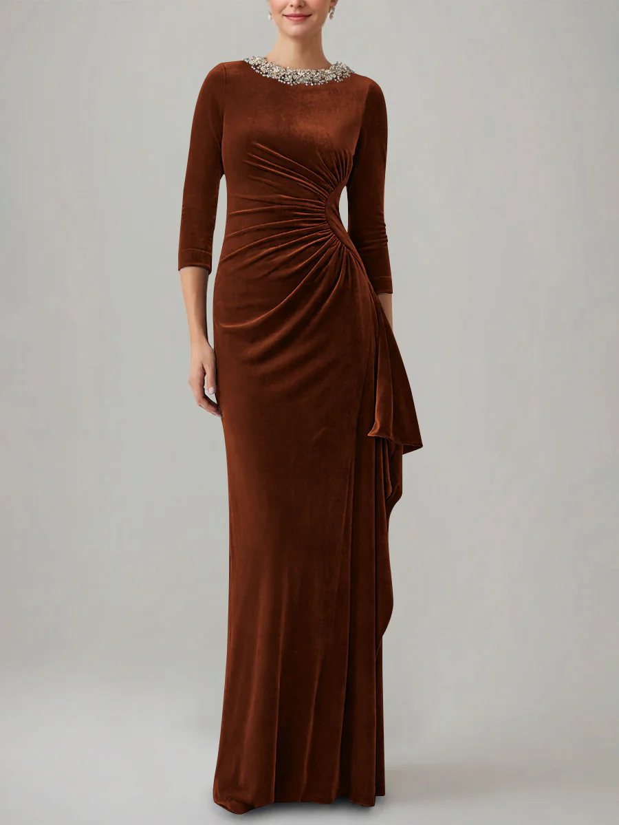 Sheath/Column Jewel Neck Velvet Mother of the Bride Dresses 3/4 Sleeves Floor-Length Ruched - Image 25