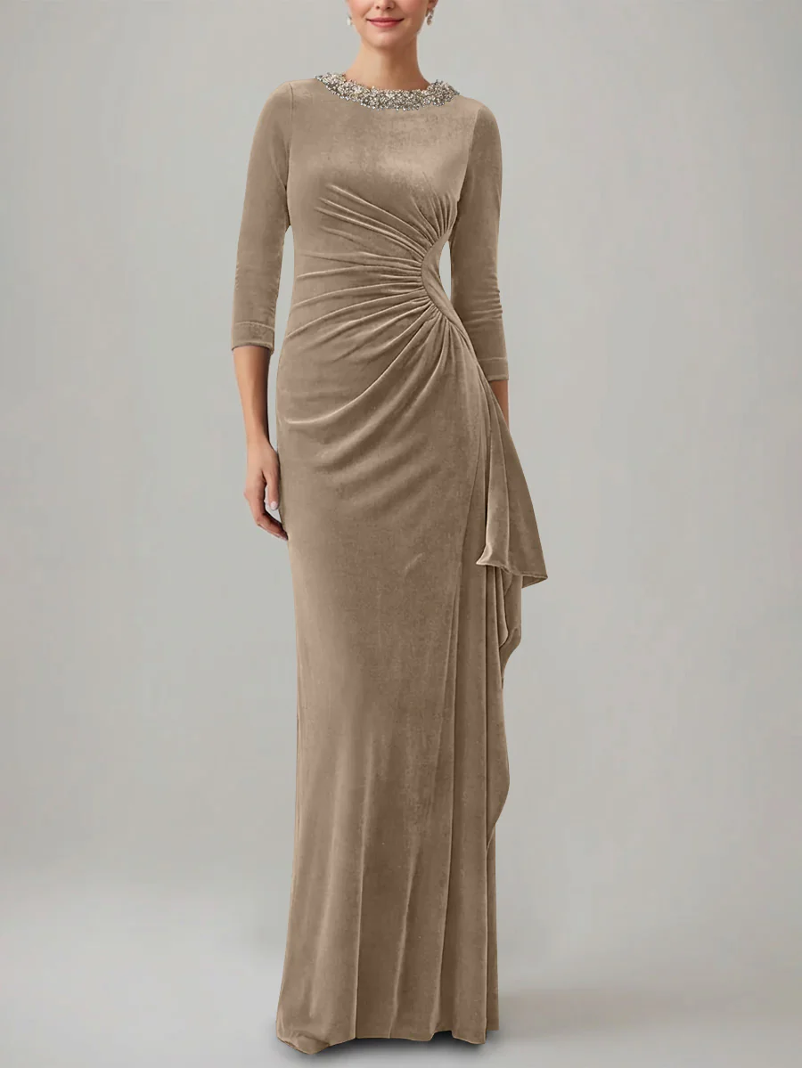 Sheath/Column Jewel Neck Velvet Mother of the Bride Dresses 3/4 Sleeves Floor-Length Ruched - Image 28