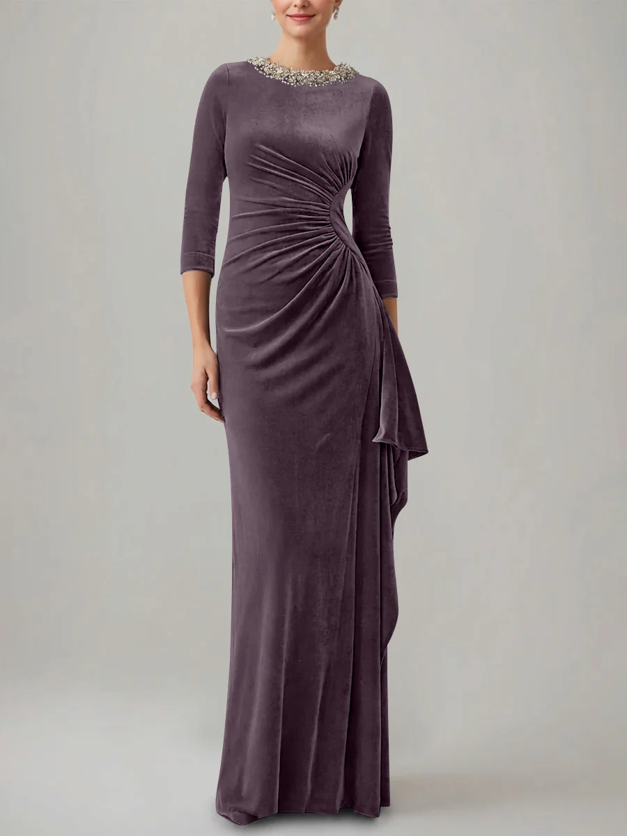 Sheath/Column Jewel Neck Velvet Mother of the Bride Dresses 3/4 Sleeves Floor-Length Ruched - Image 32