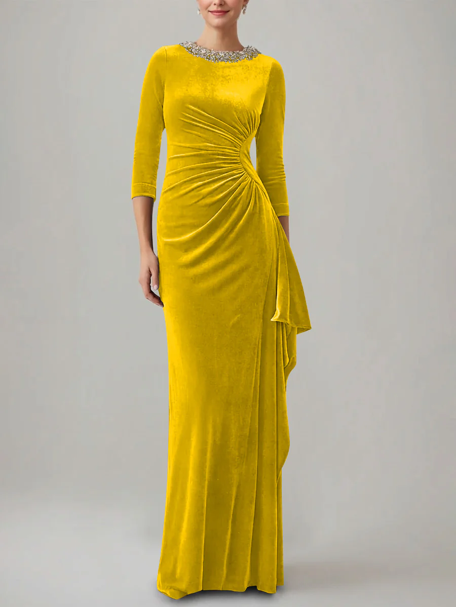 Sheath/Column Jewel Neck Velvet Mother of the Bride Dresses 3/4 Sleeves Floor-Length Ruched - Image 33