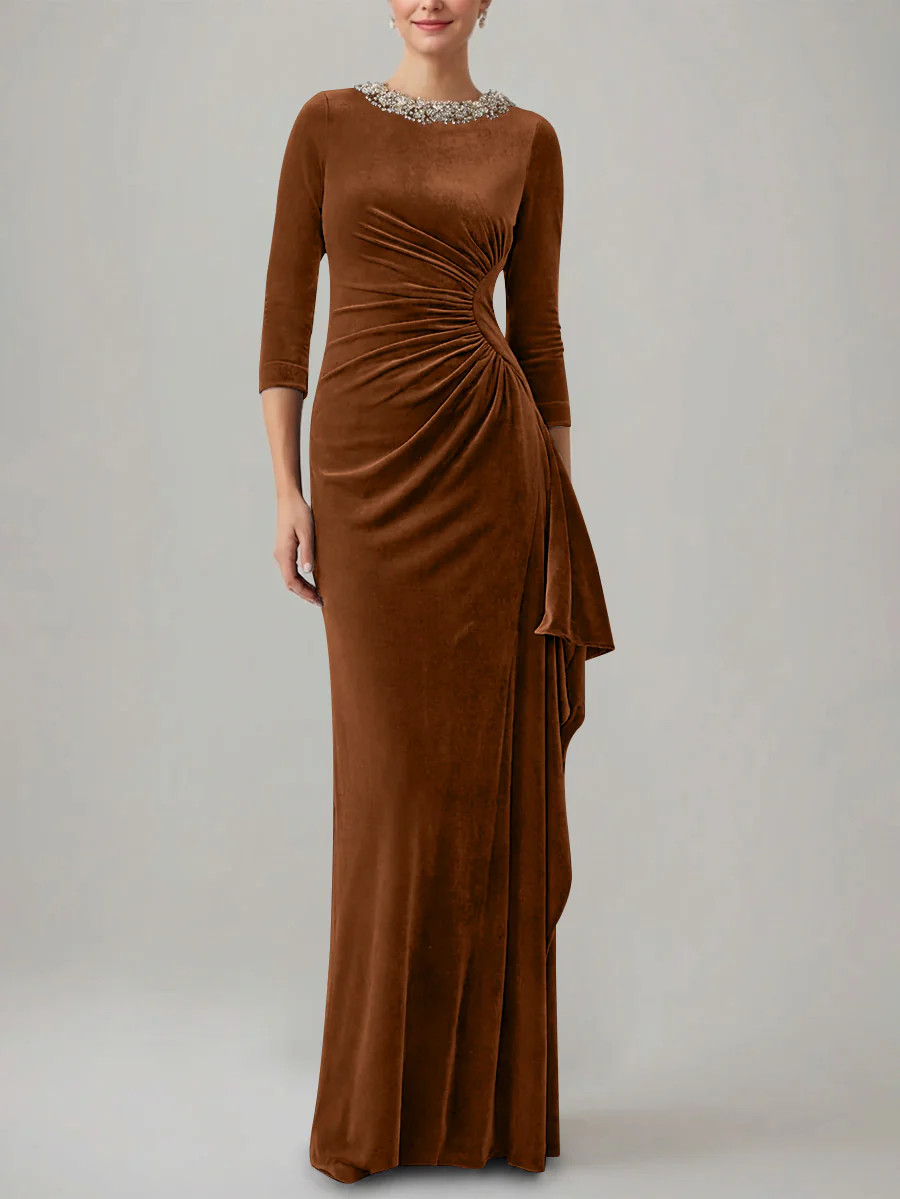 Sheath/Column Jewel Neck Velvet Mother of the Bride Dresses 3/4 Sleeves Floor-Length Ruched - Image 6