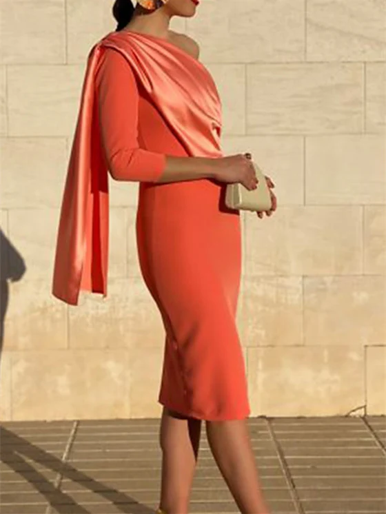 Sheath/Column Knee Length 3/4 Length Sleeve Cocktail Dresses with Draping - Image 2