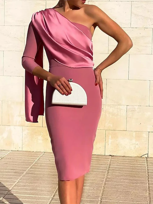 Sheath/Column Knee Length 3/4 Length Sleeve Cocktail Dresses with Draping - Image 3
