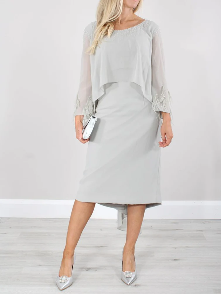 Sheath/Column Long Sleeves Round Neck Tea-Length Mother of the Bride Dresses with Tassels - Image 3