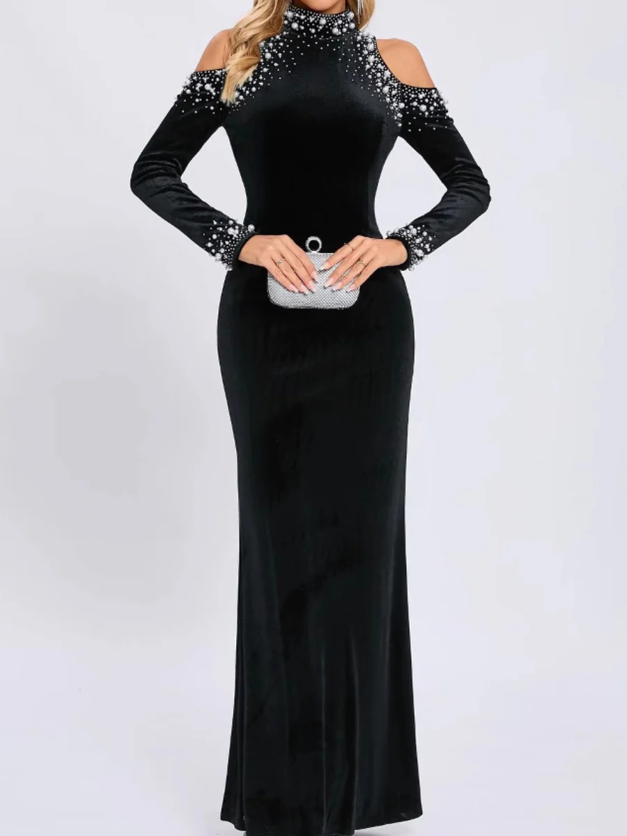 Sheath/Column Mock Neck Long Sleeves Evening Dresses Floor-Length Party Dresses Stretch Satin - Image 2