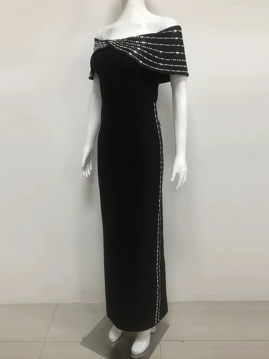 Sheath/Column Off-the-Shoulder Ankle Length Ruffled Evening Dresses with Rhinestones - Image 3
