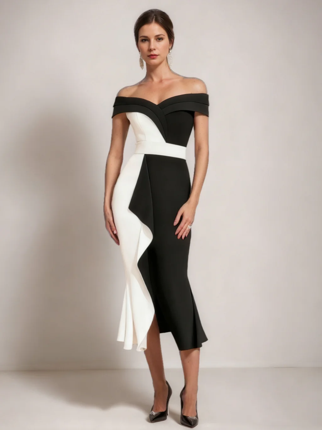 Sheath/Column Off-the-Shoulder Cocktail Dresses Stretch Satin Tea-Length Sleeveless Ruffles Formal Dress