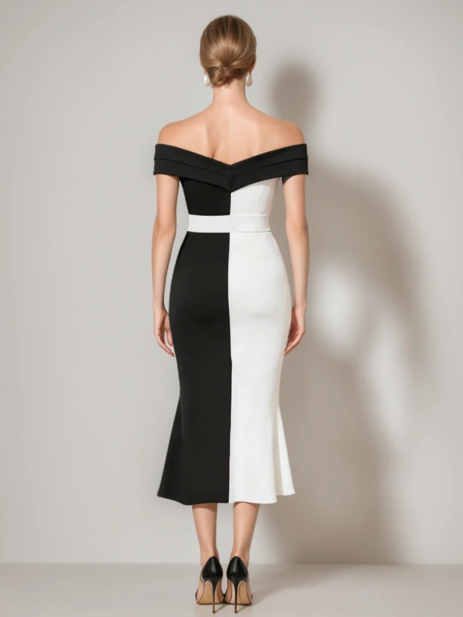 Sheath/Column Off-the-Shoulder Cocktail Dresses Stretch Satin Tea-Length Sleeveless Ruffles Formal Dress - Image 2