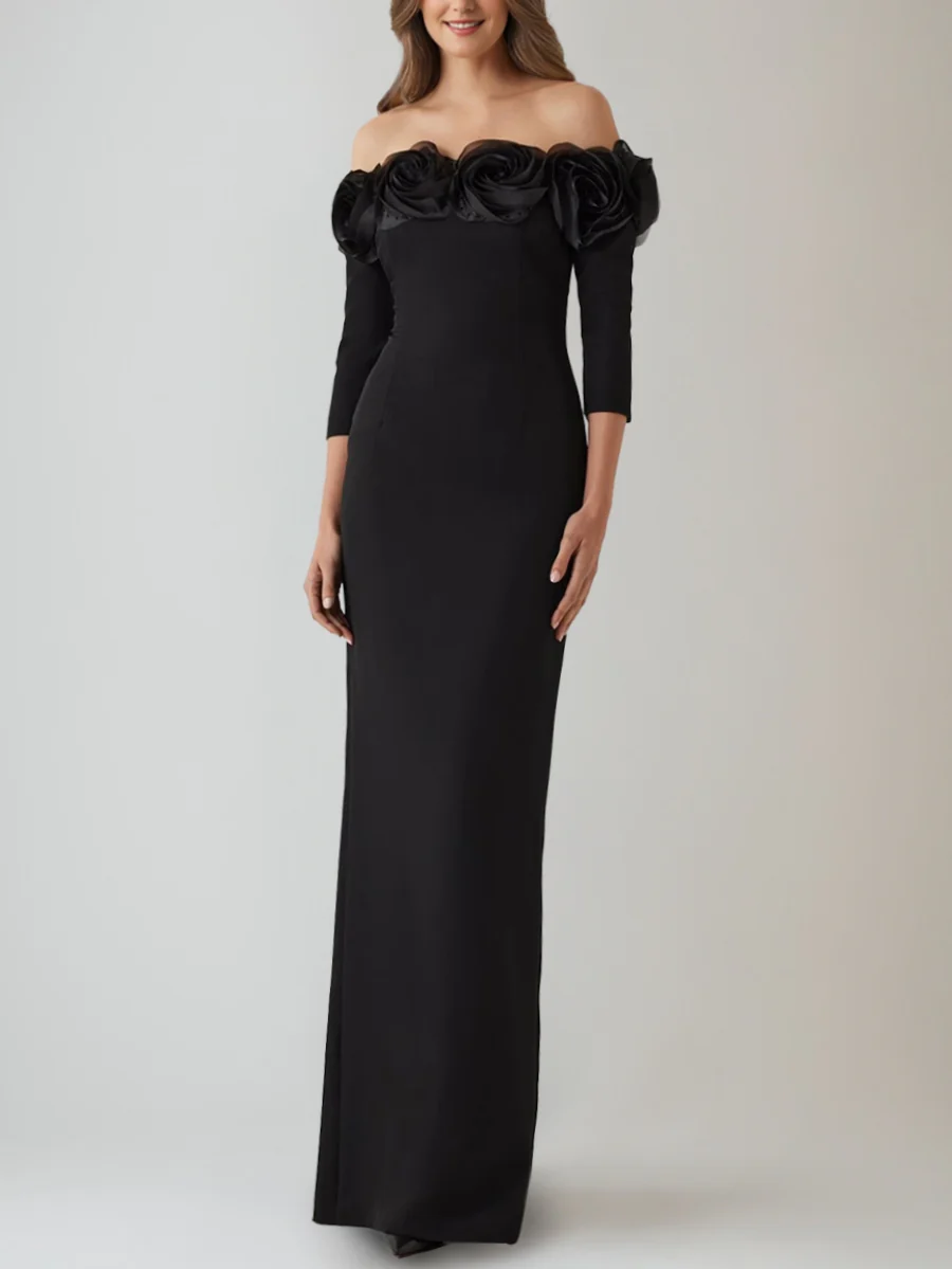 Sheath/Column Off-the-Shoulder Floor-Length Evening Dresses 3/4 Sleeves Party Dresses with 3D Flower