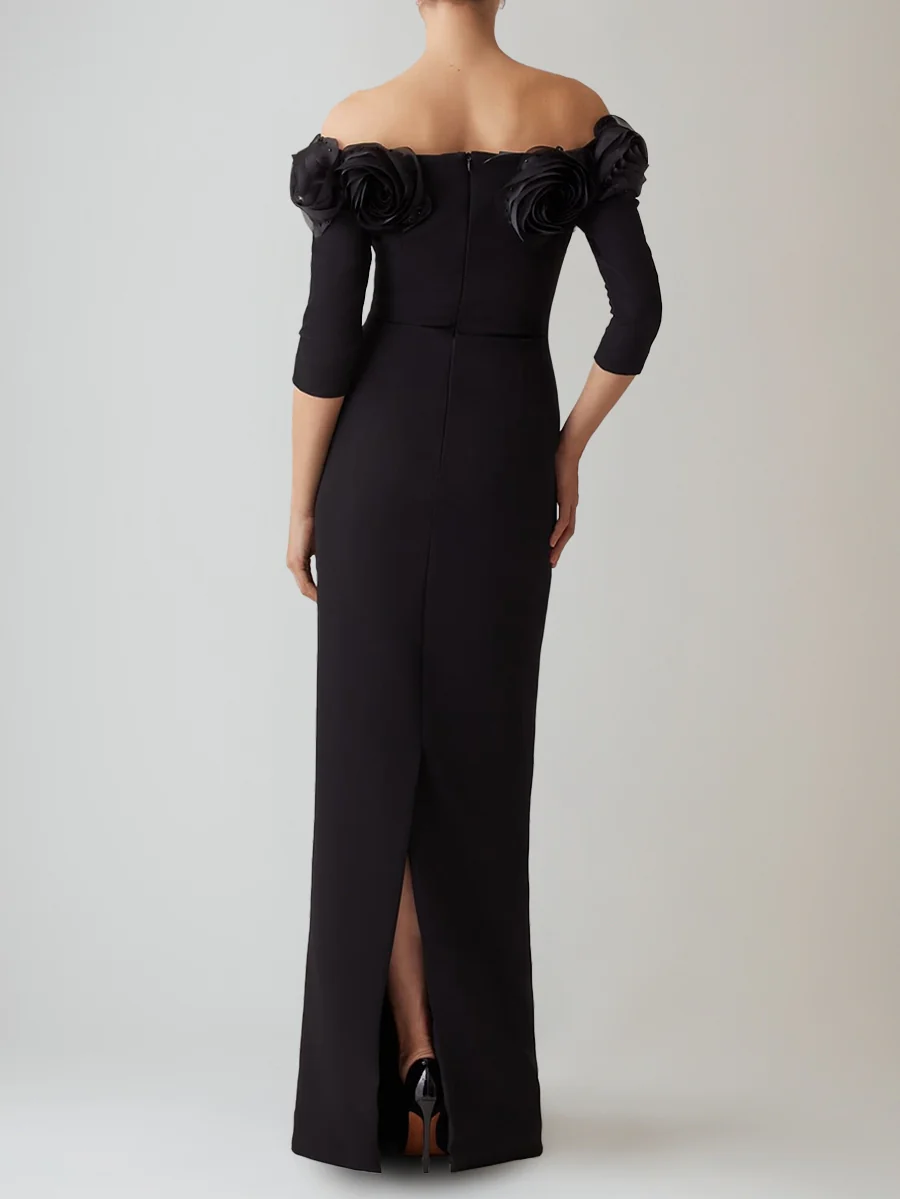 Sheath/Column Off-the-Shoulder Floor-Length Evening Dresses 3/4 Sleeves Party Dresses with 3D Flower - Image 2