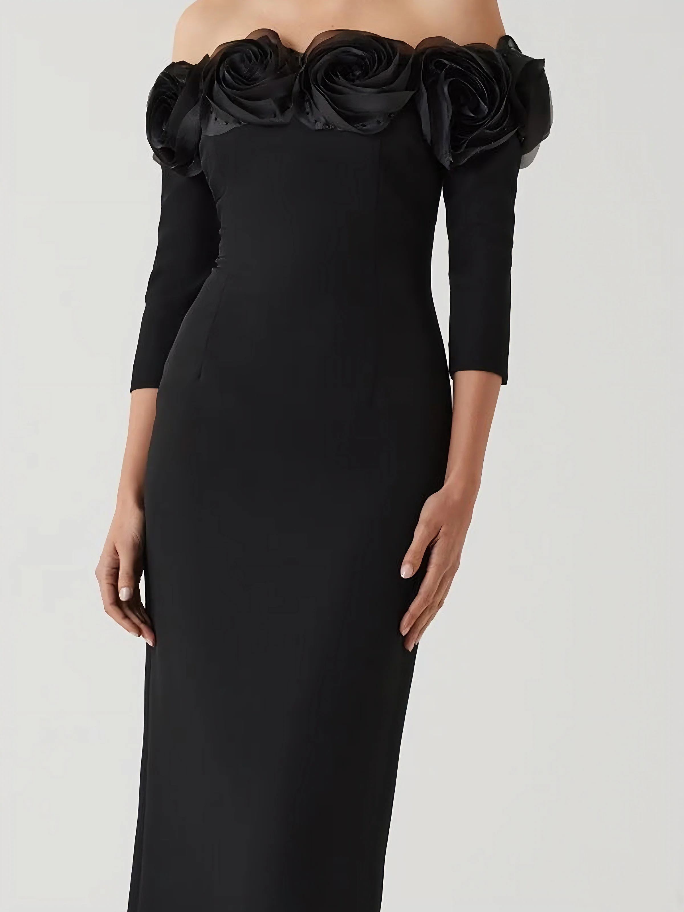 Sheath/Column Off-the-Shoulder Floor-Length Evening Dresses 3/4 Sleeves Party Dresses with 3D Flower - Image 3