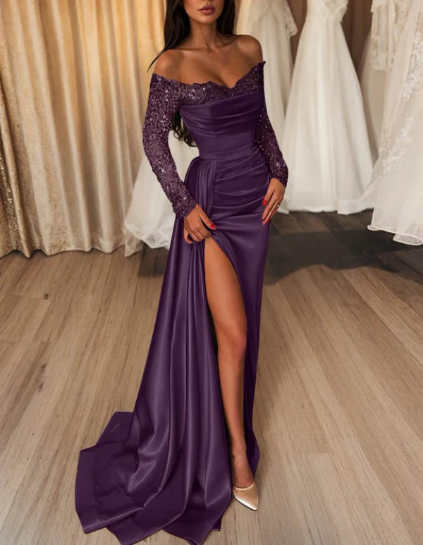 Sheath/Column Off-the-Shoulder Evening Dresses Satin Floor-length Long With Split Side Sequins - Image 19