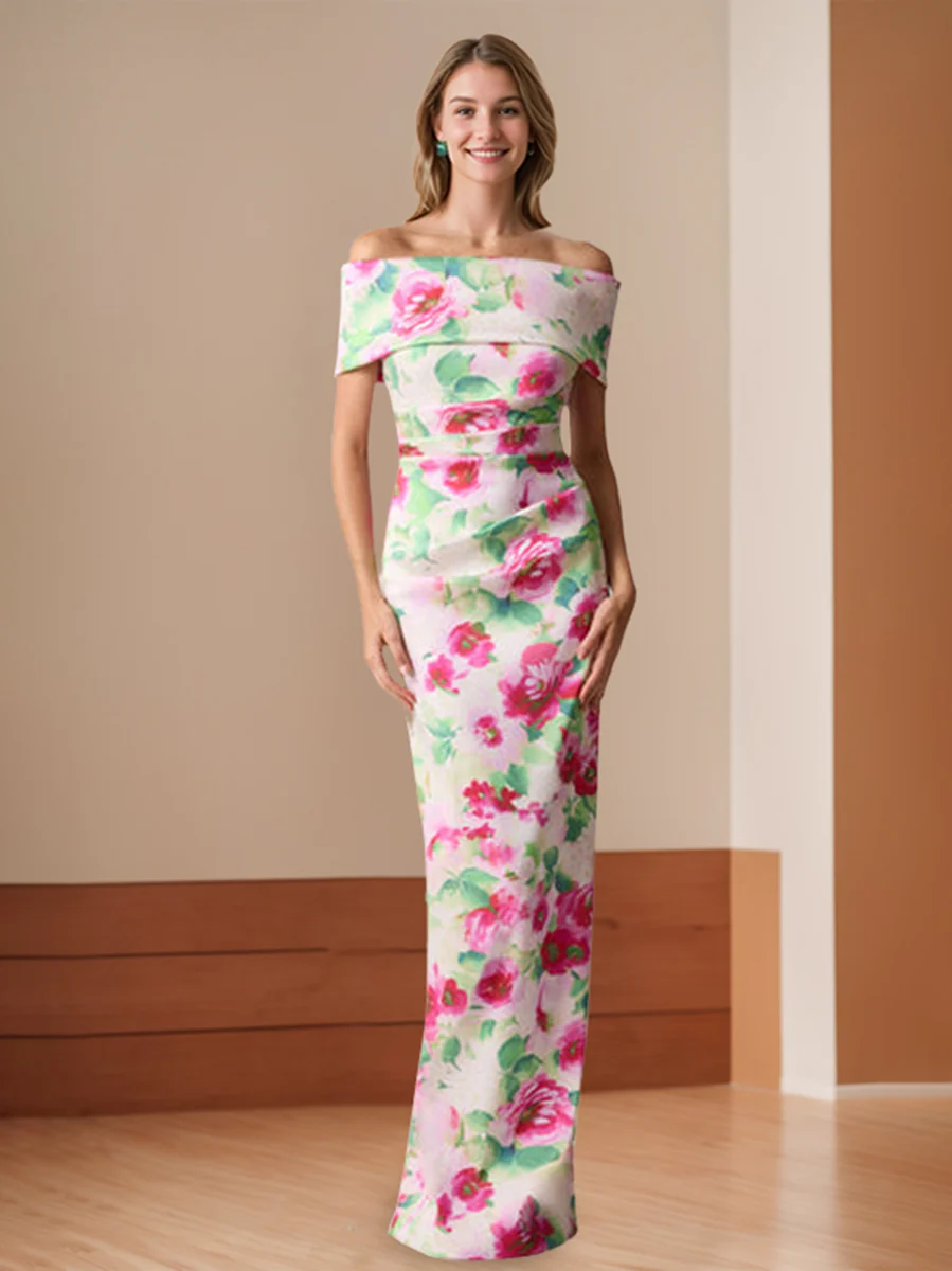 Sheath/Column Off-the-Shoulder Floor-Length Printed Floral Mother of the Bride Dresses with Ruches - Image 2