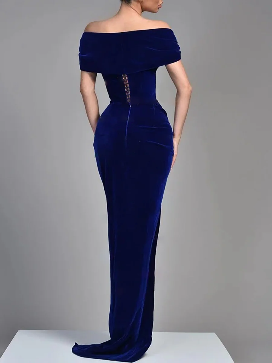 Sheath/Column Off-the-Shoulder Velvet Evening Dresses Floor-length Party Dresses With Split Side - Image 3