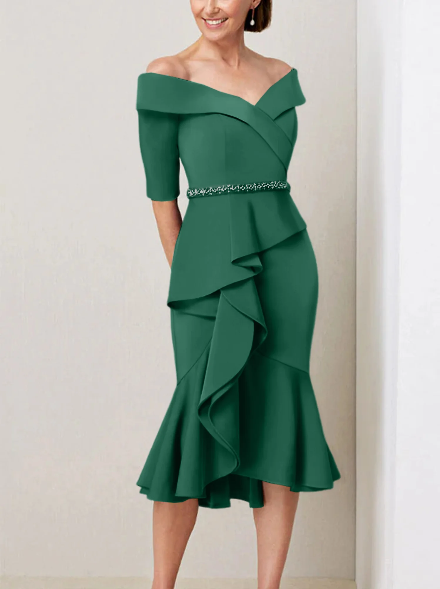 Sheath/Column Off-the-Shoulder Half Sleeves Mother of the Bride Dresses with Beading & Ruffles - Image 11