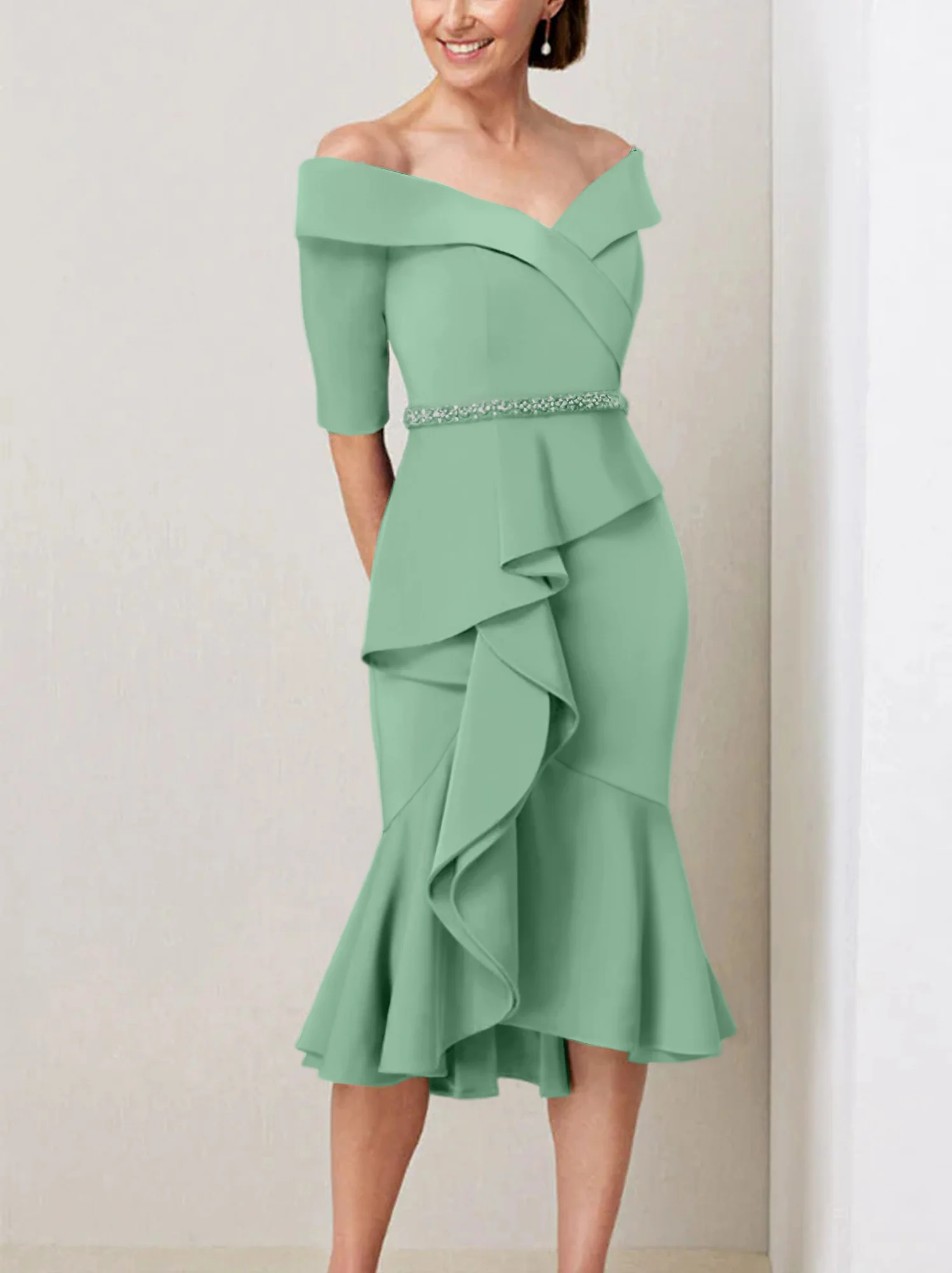 Sheath/Column Off-the-Shoulder Half Sleeves Mother of the Bride Dresses with Beading & Ruffles - Image 19