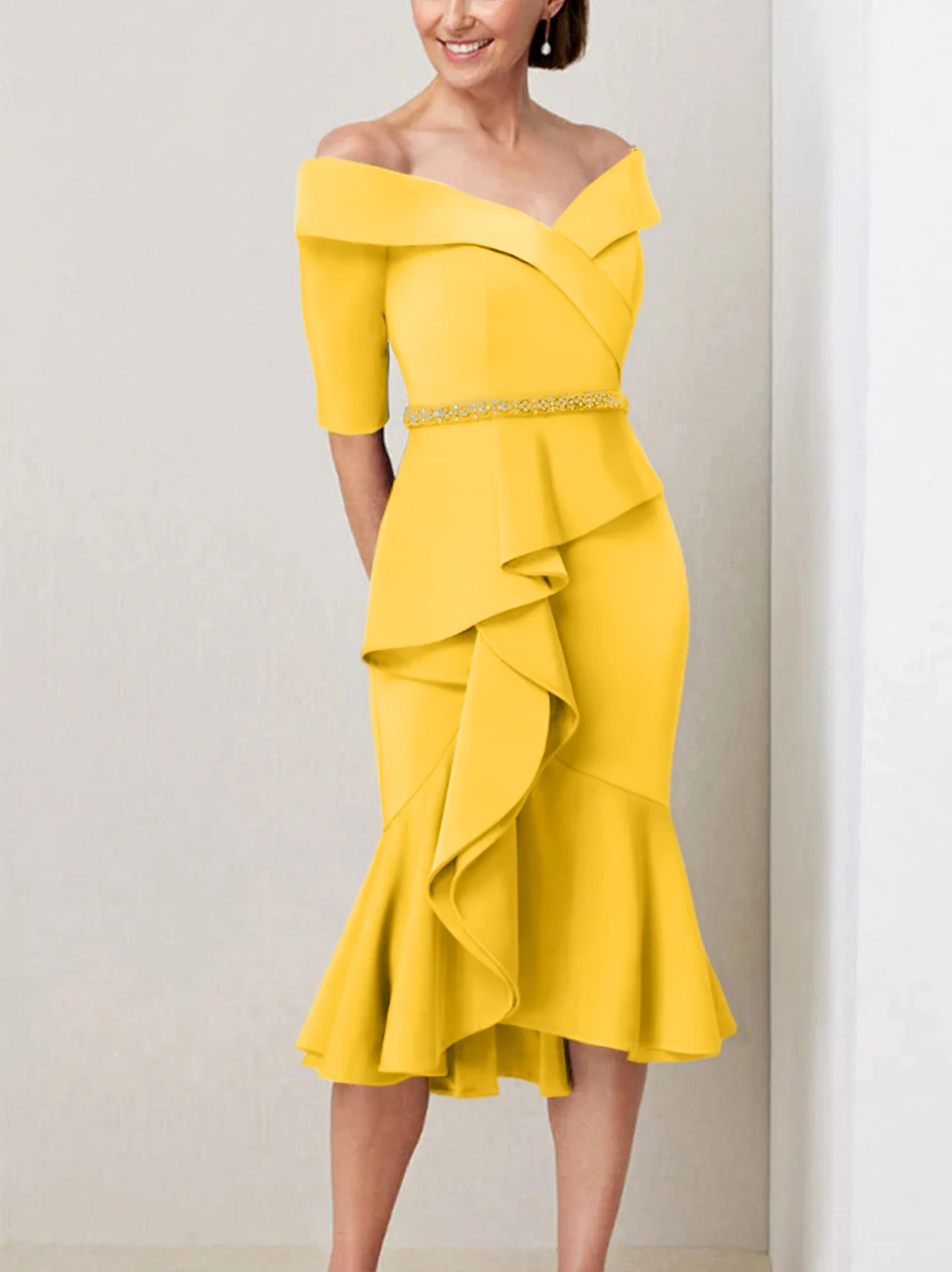 Sheath/Column Off-the-Shoulder Half Sleeves Mother of the Bride Dresses with Beading & Ruffles - Image 22