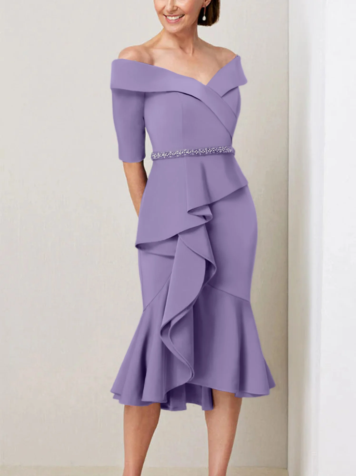 Sheath/Column Off-the-Shoulder Half Sleeves Mother of the Bride Dresses with Beading & Ruffles - Image 33