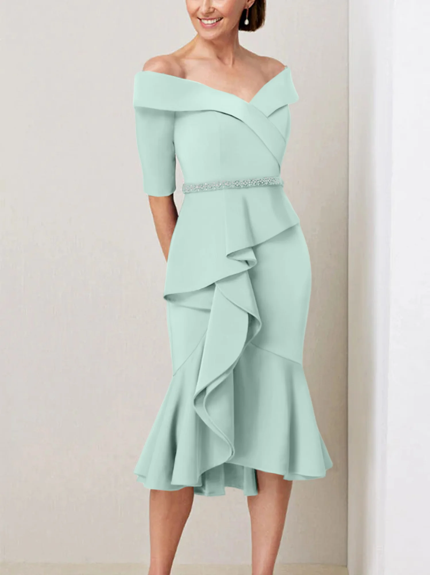 Sheath/Column Off-the-Shoulder Half Sleeves Mother of the Bride Dresses with Beading & Ruffles - Image 39