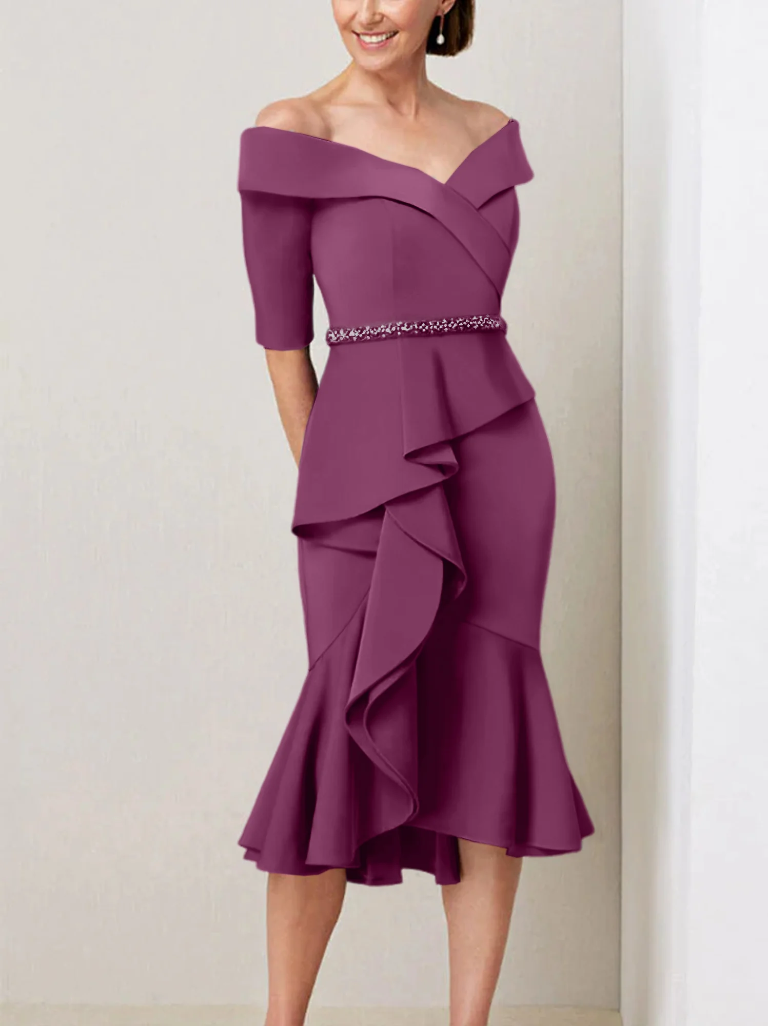 Sheath/Column Off-the-Shoulder Half Sleeves Mother of the Bride Dresses with Beading & Ruffles - Image 47
