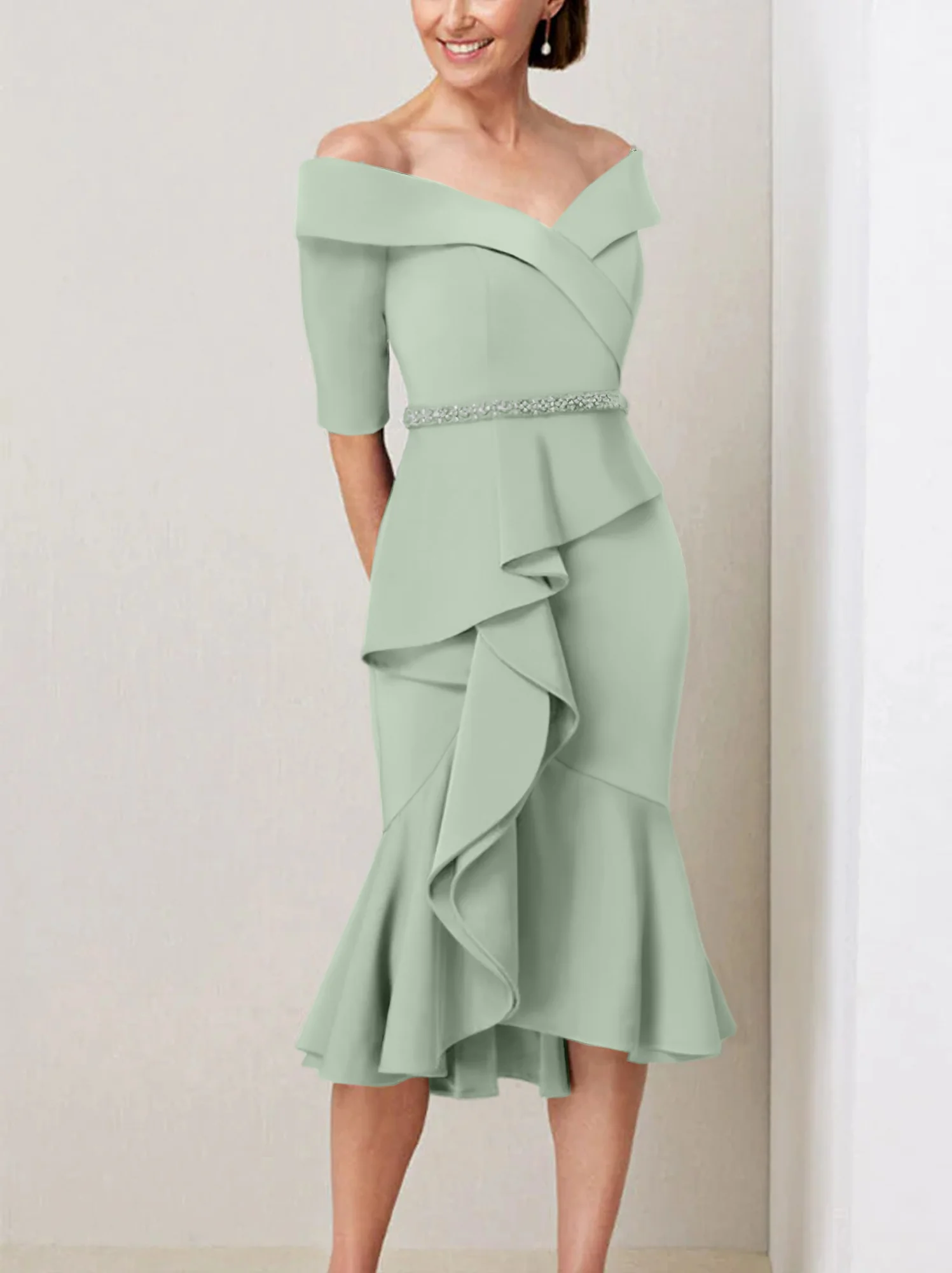 Sheath/Column Off-the-Shoulder Half Sleeves Mother of the Bride Dresses with Beading & Ruffles - Image 57