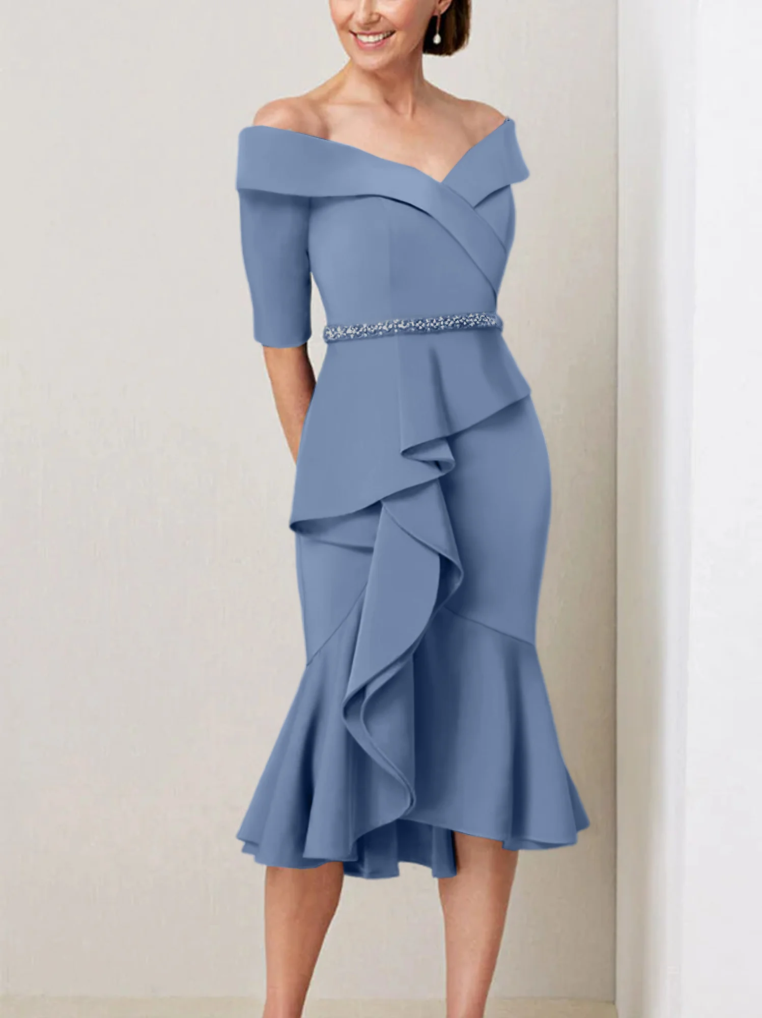 Sheath/Column Off-the-Shoulder Half Sleeves Mother of the Bride Dresses with Beading & Ruffles - Image 63