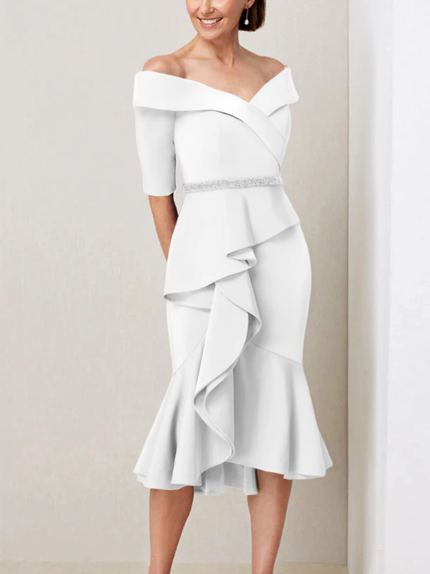 Sheath/Column Off-the-Shoulder Half Sleeves Mother of the Bride Dresses with Beading & Ruffles - Image 68