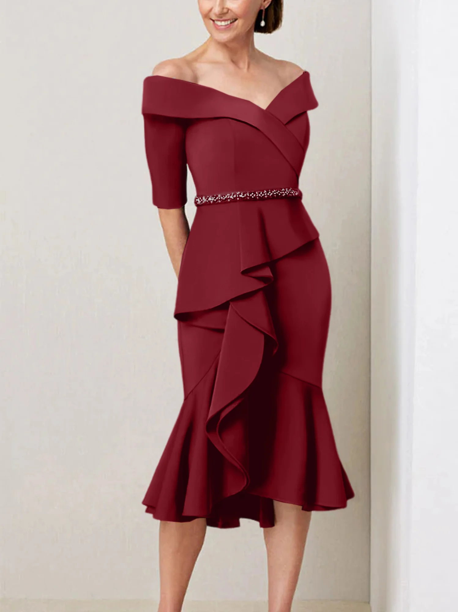 Sheath/Column Off-the-Shoulder Half Sleeves Mother of the Bride Dresses with Beading & Ruffles - Image 69