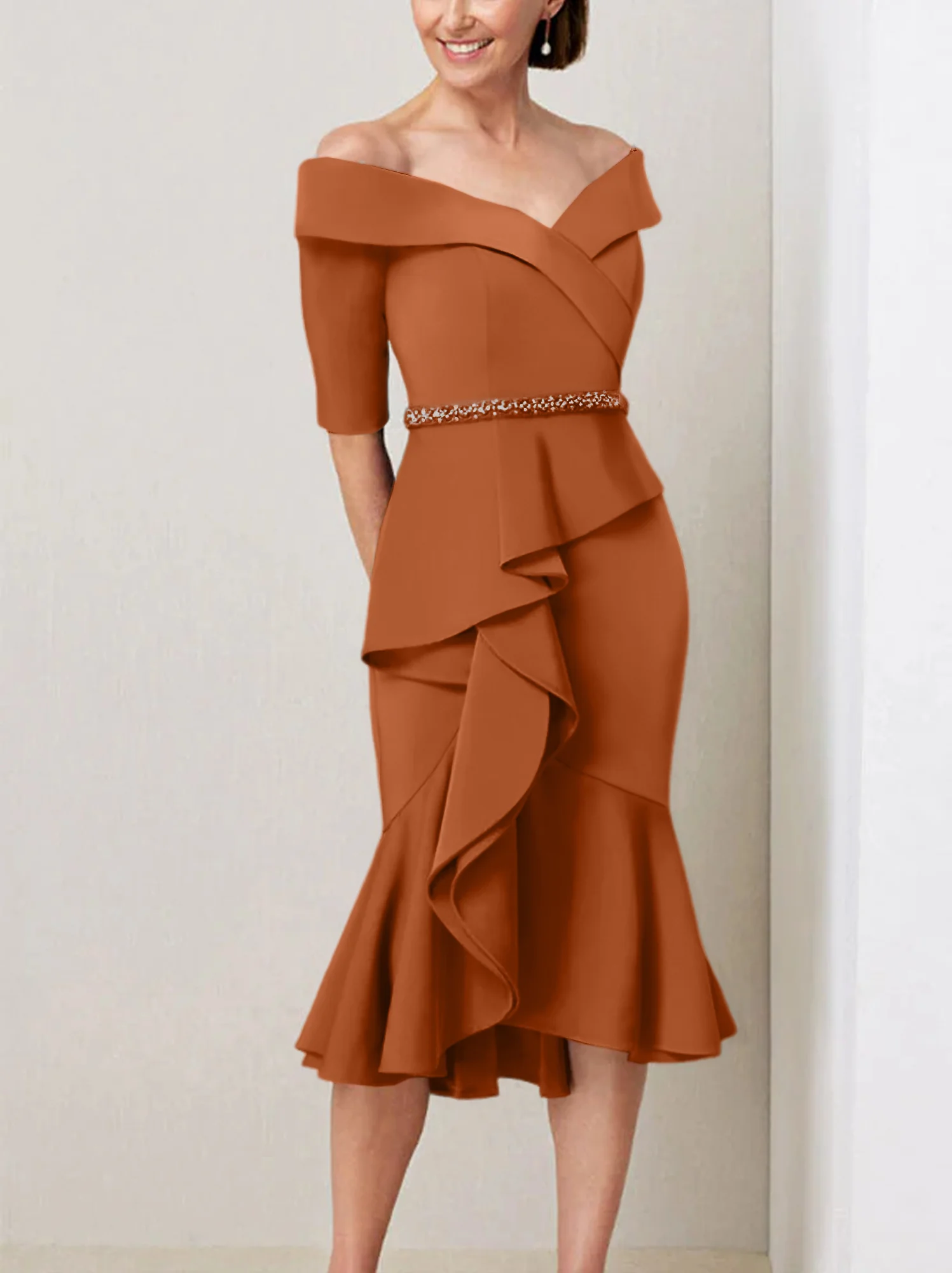 Sheath/Column Off-the-Shoulder Half Sleeves Mother of the Bride Dresses with Beading & Ruffles - Image 7