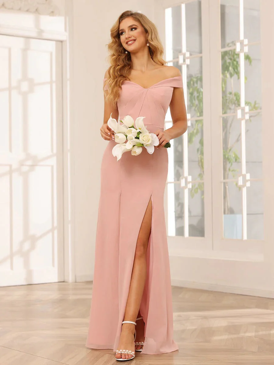 Sheath/Column Off-the-Shoulder Long Bridesmaid Dresses with Split Side - Image 4
