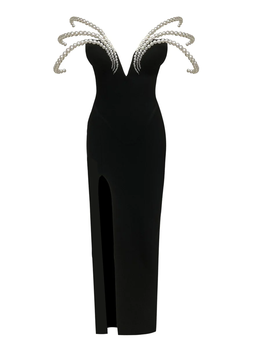 Sheath/Column Off-the-Shoulder Long Luxurious Evening Dresses with Pearl & High Split - Image 3
