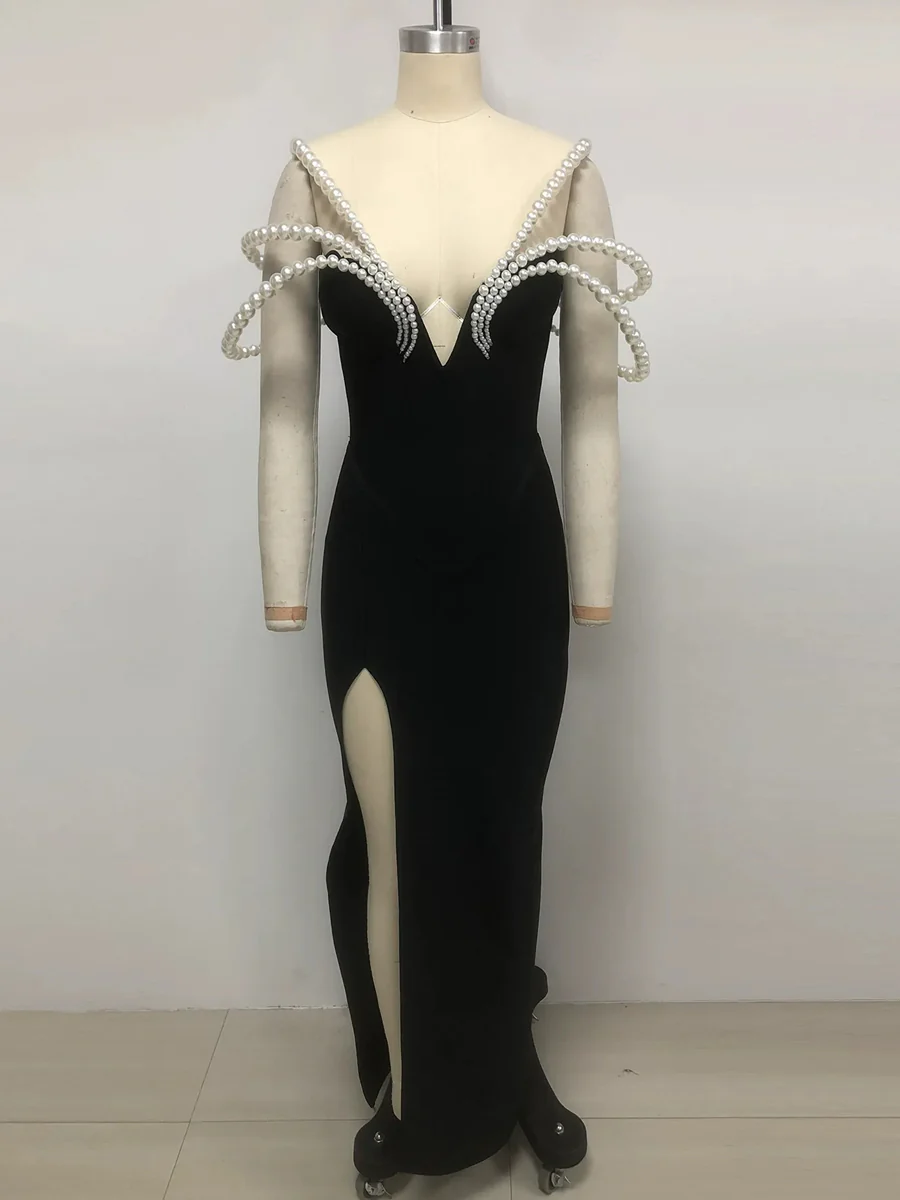 Sheath/Column Off-the-Shoulder Long Luxurious Evening Dresses with Pearl & High Split - Image 4
