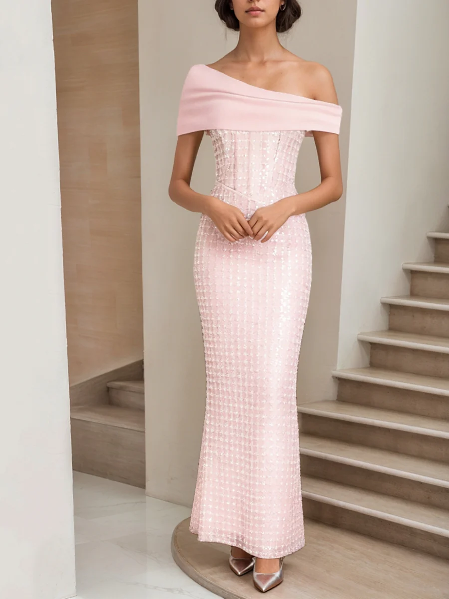 Sheath/Column Off-the-Shoulder Satin Cocktail Dresses Sequins Sleeveless Ankle-Length Formal Dresses