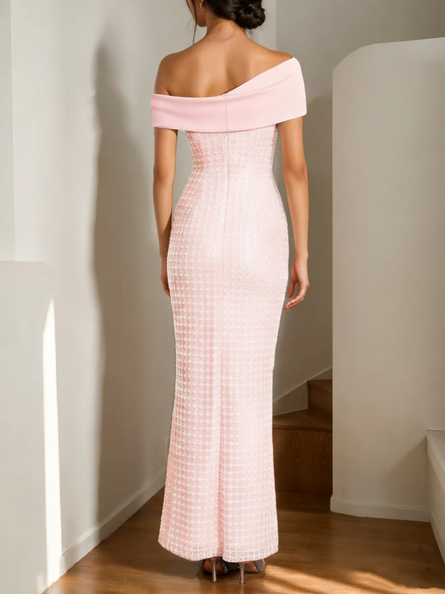 Sheath/Column Off-the-Shoulder Satin Cocktail Dresses Sequins Sleeveless Ankle-Length Formal Dresses - Image 2