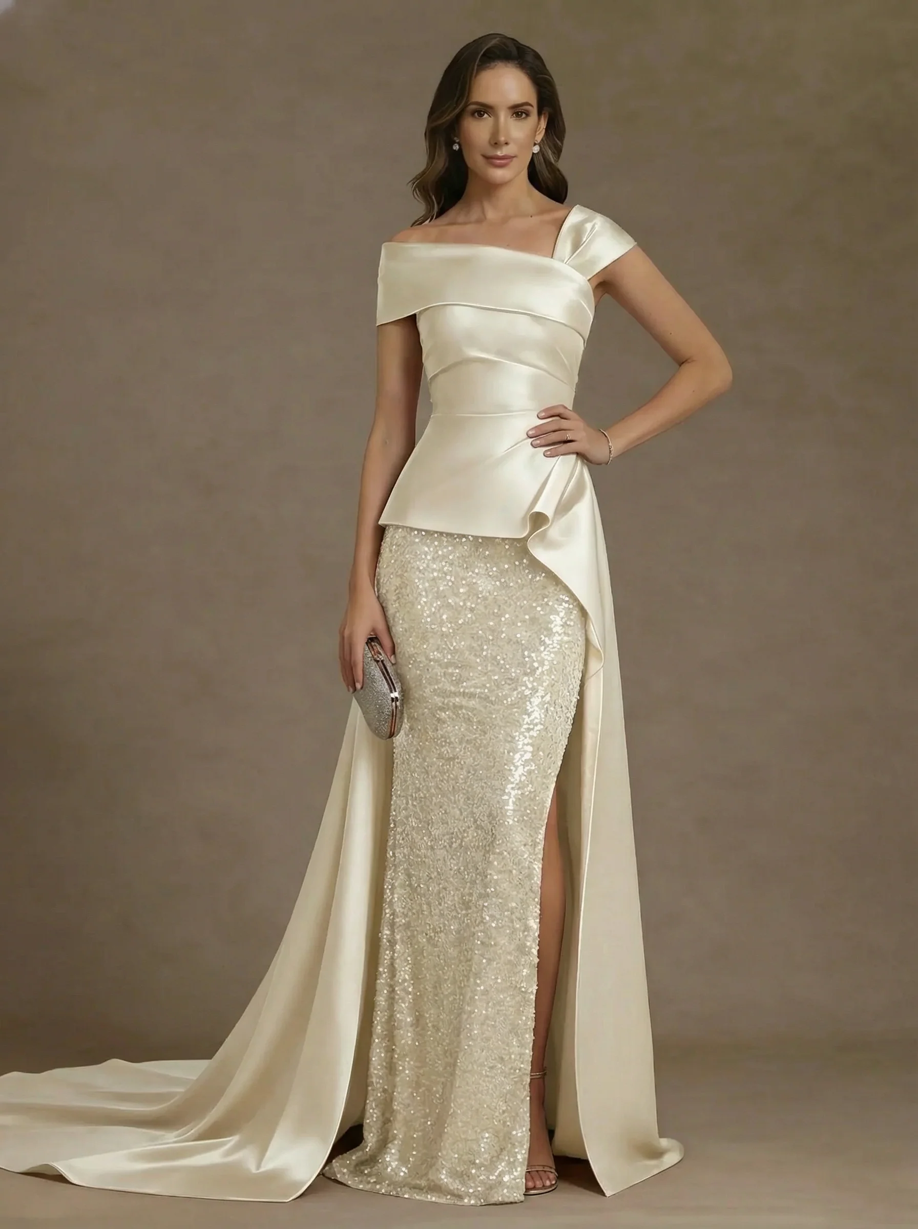 Sheath/Column Off-the-Shoulder Satin Mother of the Bride Dresses with Split Side Sequins Sleeveless Floor-Length Ruched - Image 5