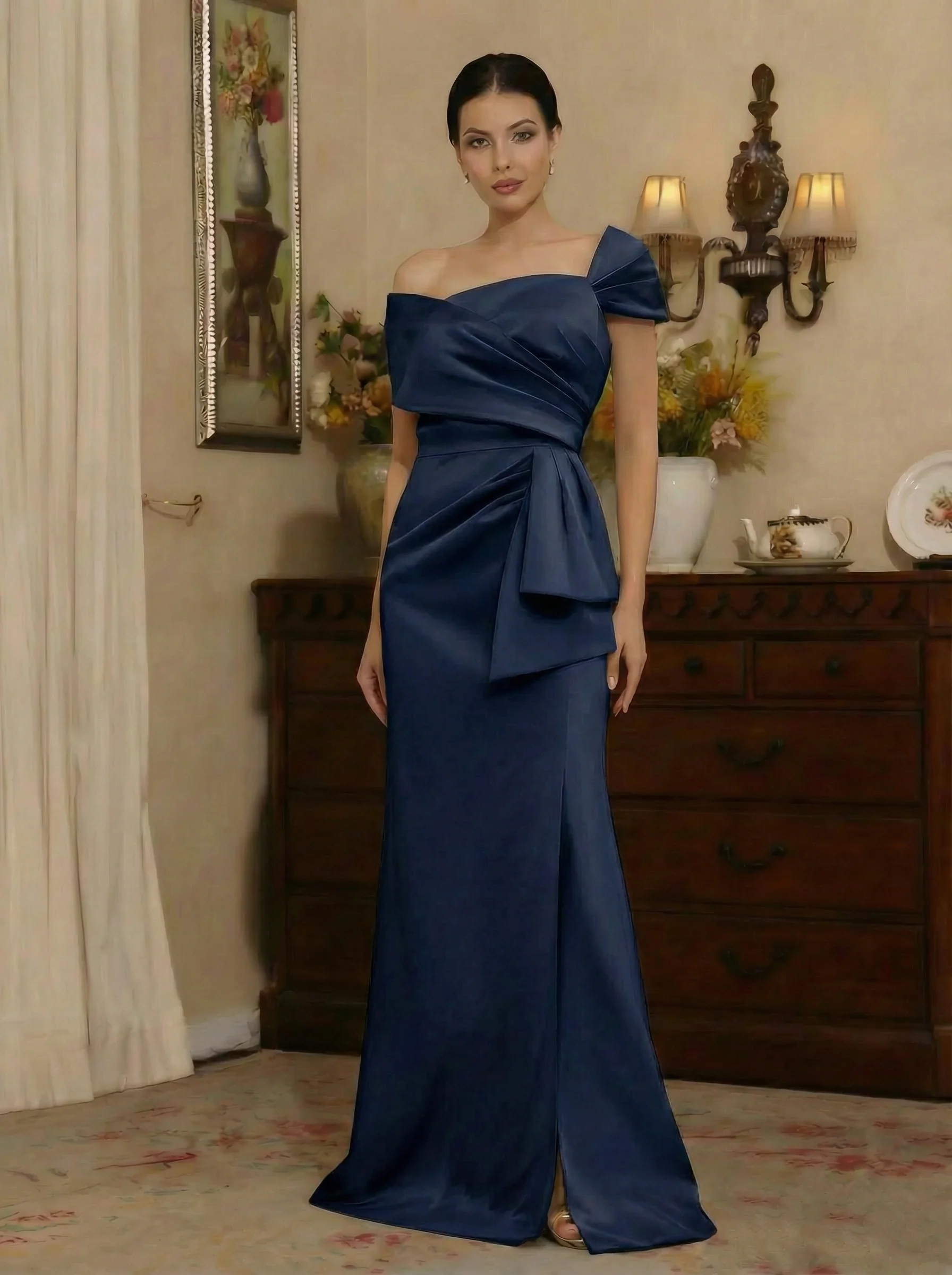 Sheath/Column Off-the-Shoulder Satin Mother of the Bride Dresses with Split Side Sleeveless Floor-Length Ruched - Image 4