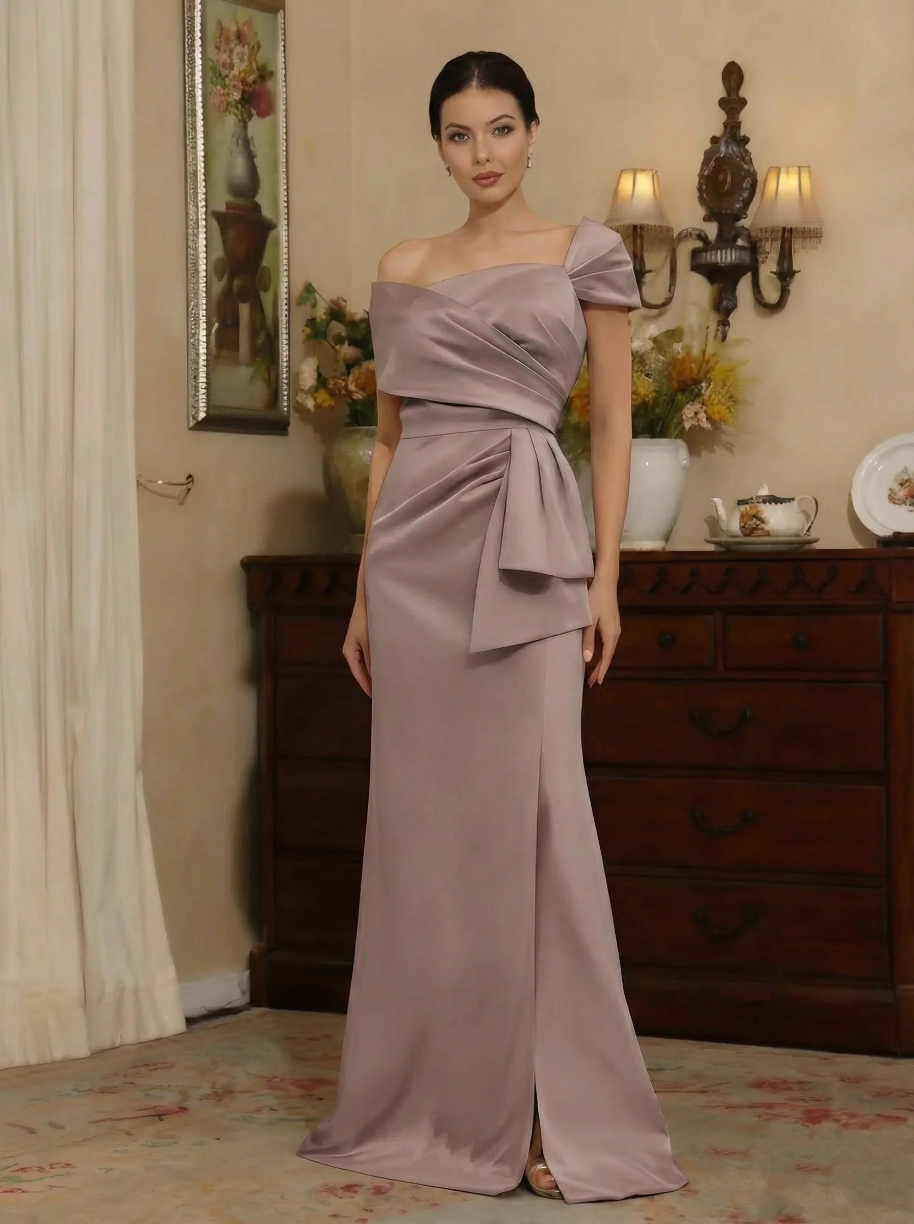 Sheath/Column Off-the-Shoulder Satin Mother of the Bride Dresses with Split Side Sleeveless Floor-Length Ruched - Image 7