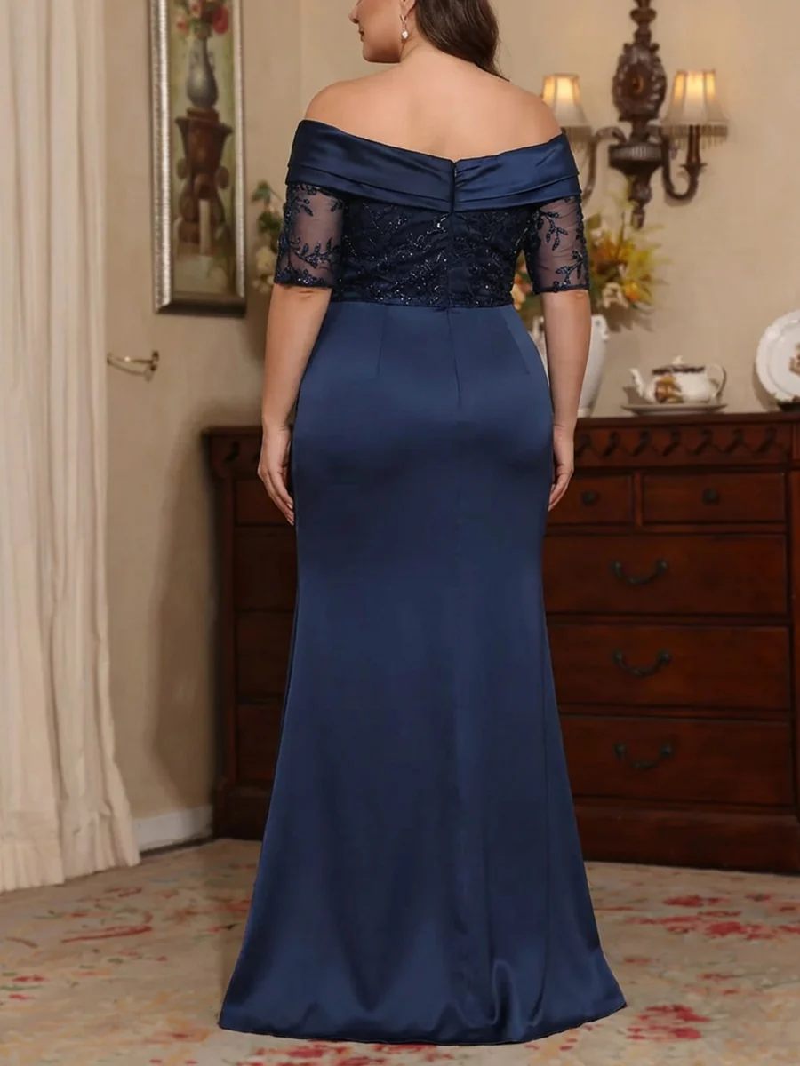 Sheath/Column Off-the-Shoulder Satin Plus Size Mother of the Bride Dresses Lace Half Sleeves Floor-Length with Split Side - Image 2