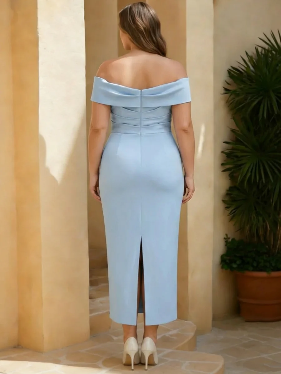 Sheath/Column Off-the-Shoulder Satin Plus Size Mother of the Bride Dresses Sleeveless Tea-Length with Bowknot - Image 2