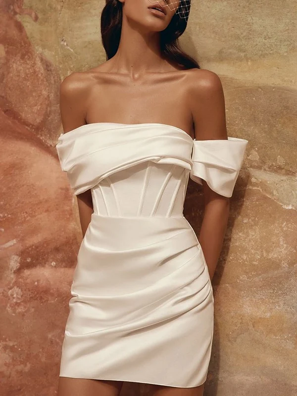 Sheath/Column Off-The-Shoulder Short Sleeves Detachable Watteau Train Wedding Dresses With Ruched & Lace-Up - Image 3