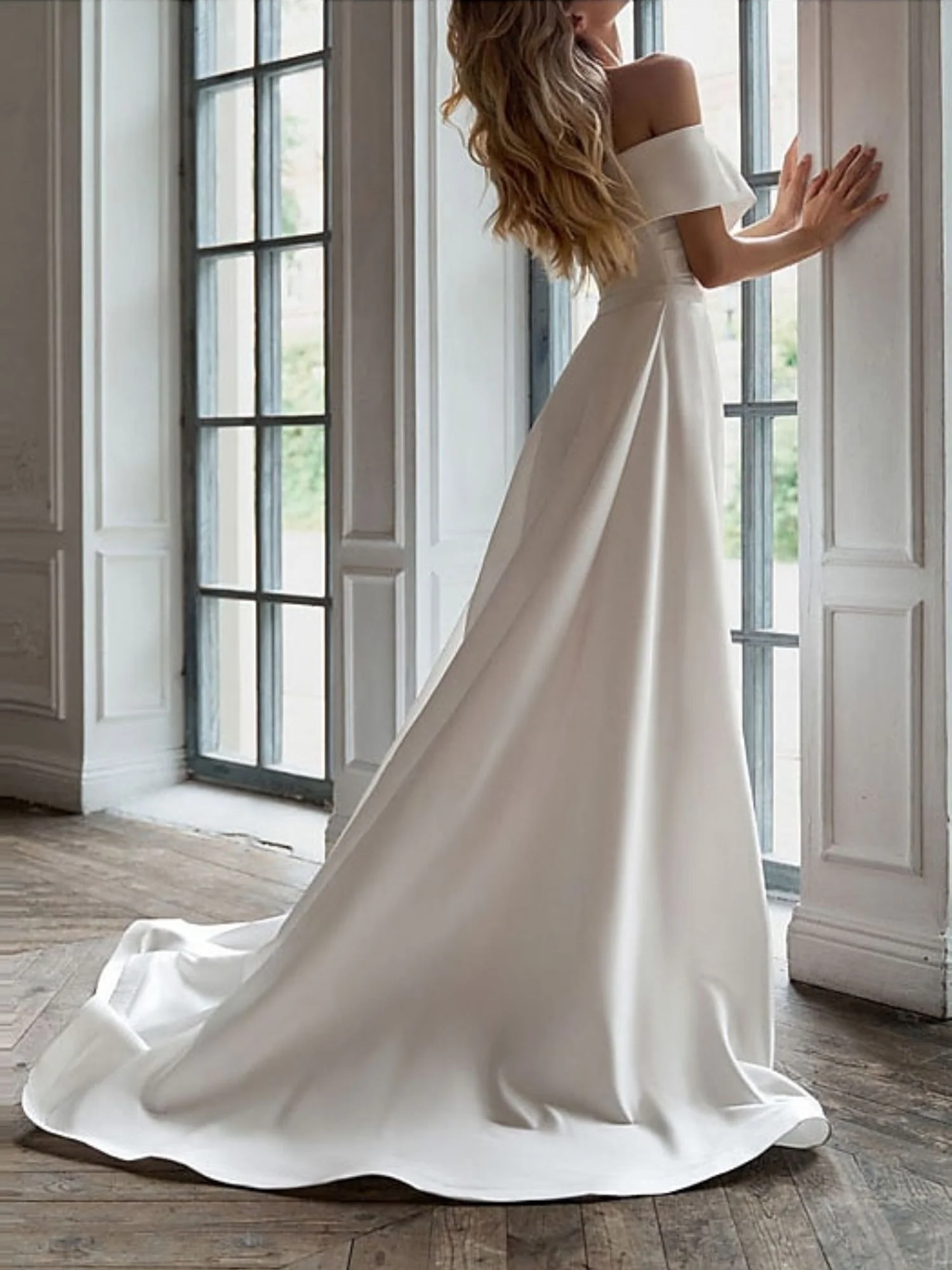 Sheath/Column Off-the-shoulder Short Sleeves Elegant Wedding Dress with Ruffle - Image 3