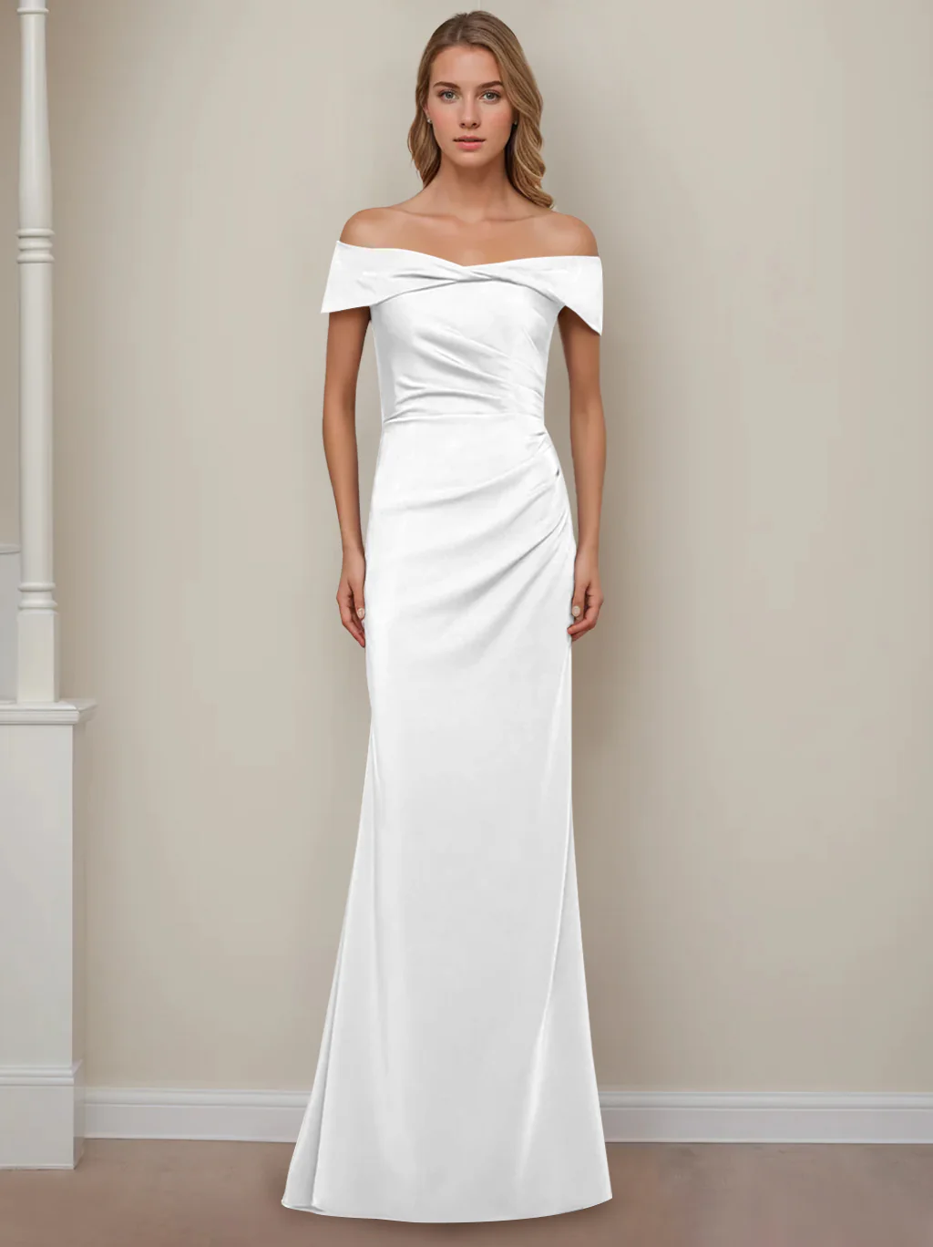 Sheath/Column Off-the-Shoulder Short Sleeves Floor-Length Mother of The Bride Dresses With Ruffles - Image 20