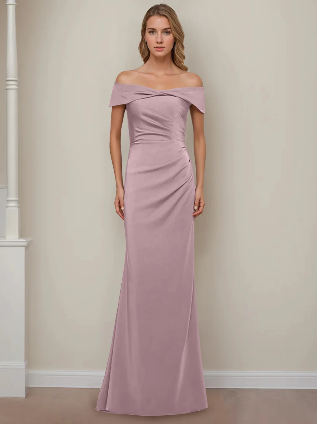 Sheath/Column Off-the-Shoulder Short Sleeves Floor-Length Mother of The Bride Dresses With Ruffles - Image 30