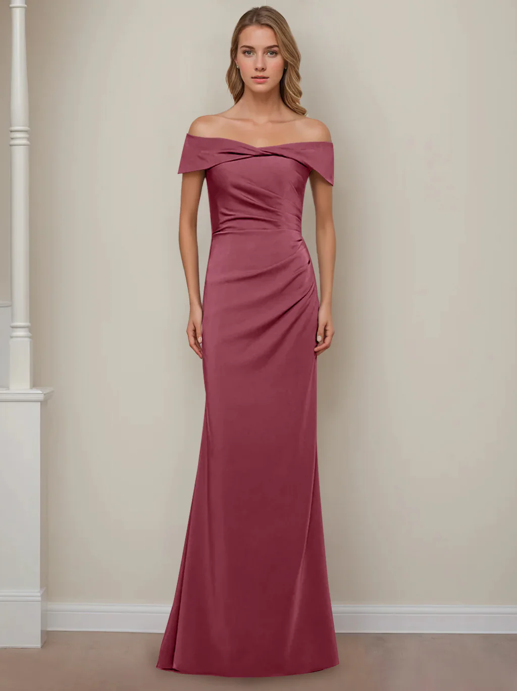 Sheath/Column Off-the-Shoulder Short Sleeves Floor-Length Mother of The Bride Dresses With Ruffles - Image 39