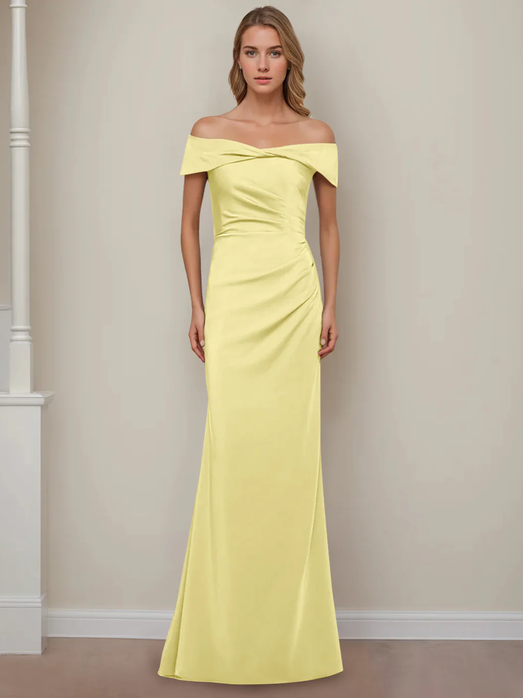 Sheath/Column Off-the-Shoulder Short Sleeves Floor-Length Mother of The Bride Dresses With Ruffles - Image 58