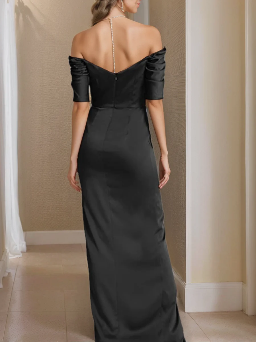 Sheath/Column Off-the-Shoulder Short Sleeves Mother of the Bride Dresses With Split Front - Image 2