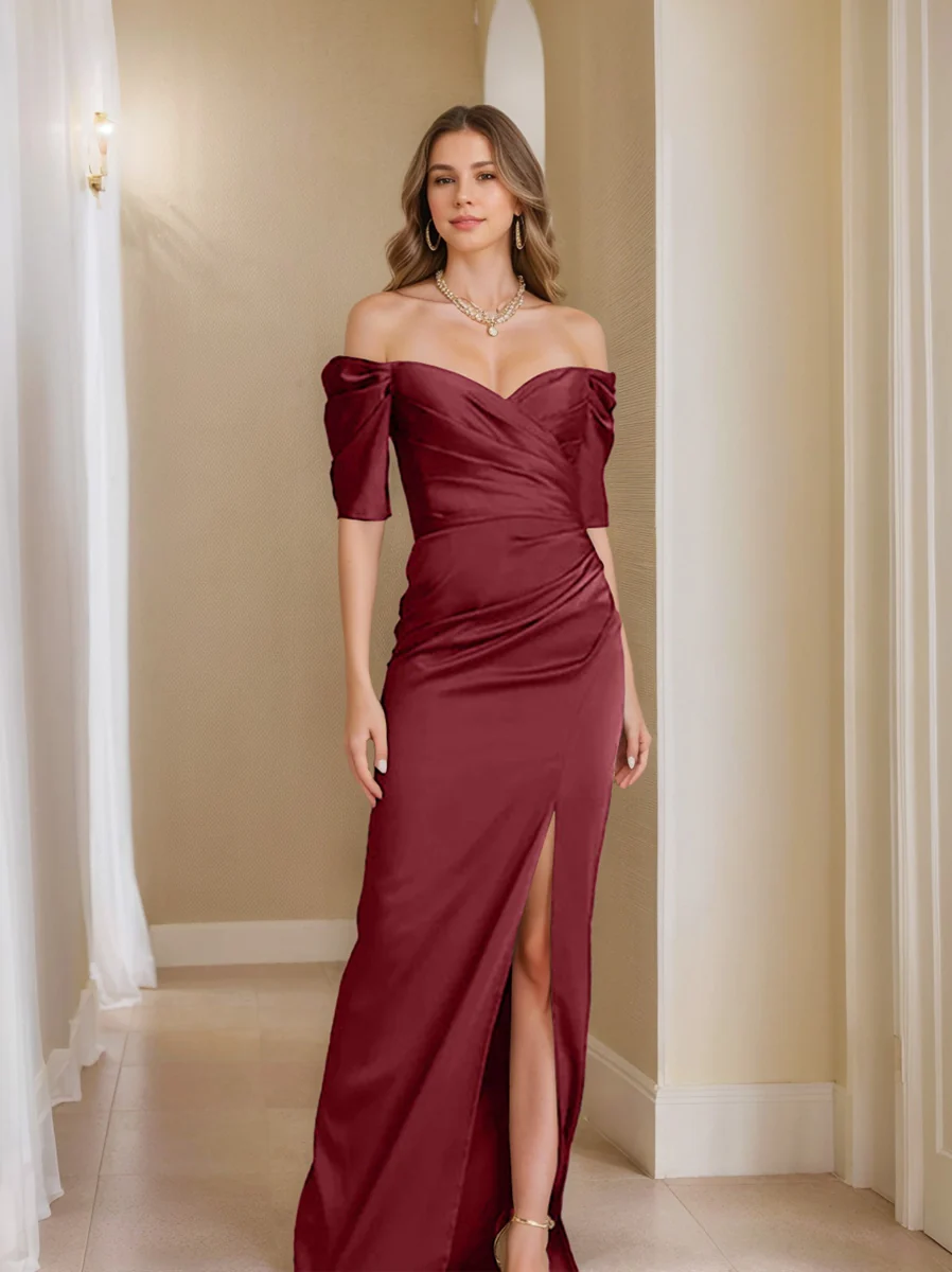 Sheath/Column Off-the-Shoulder Short Sleeves Mother of the Bride Dresses With Split Front - Image 3